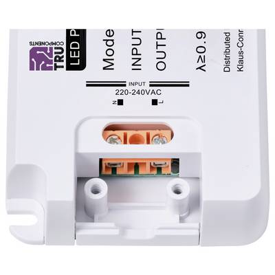White LED ballast with screw terminal connection, marked with 'INPUT: 220-240VAC', model details and manufacturer logo.