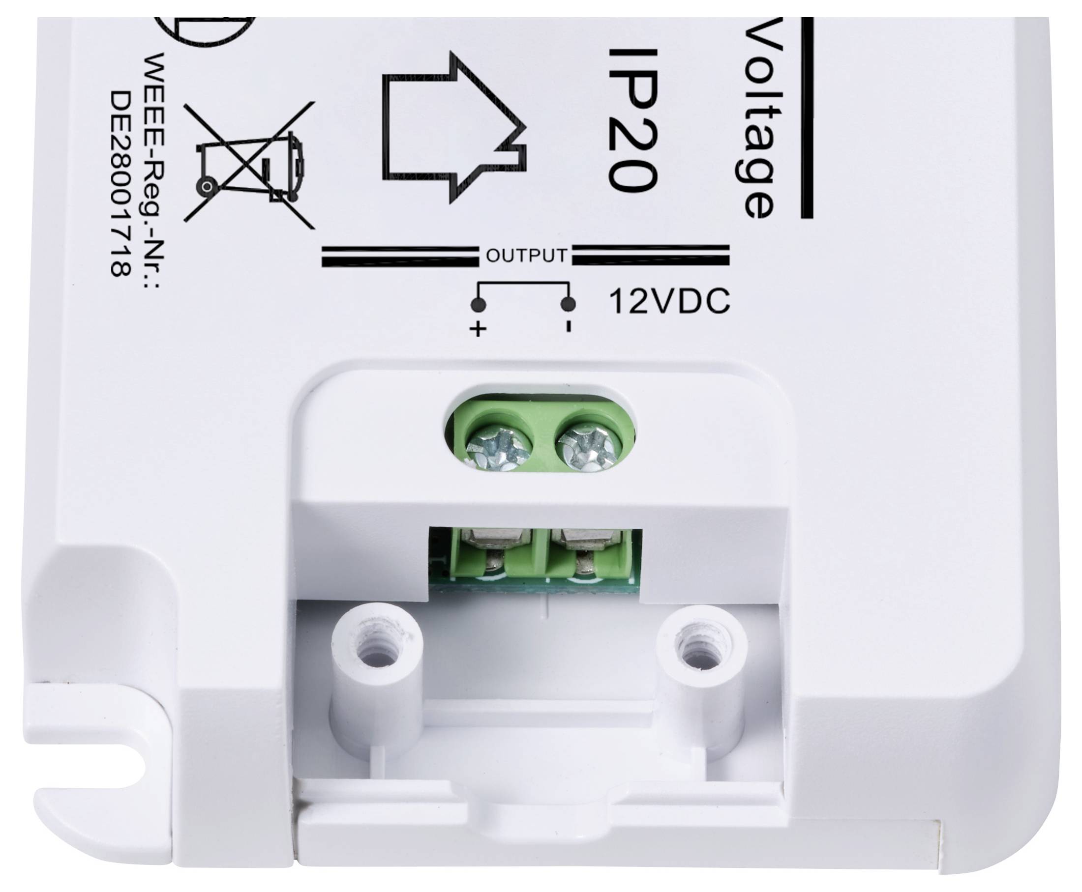 Power supply with protection class 'IP20', output: 12VDC, connection with two terminal screws visible on top.