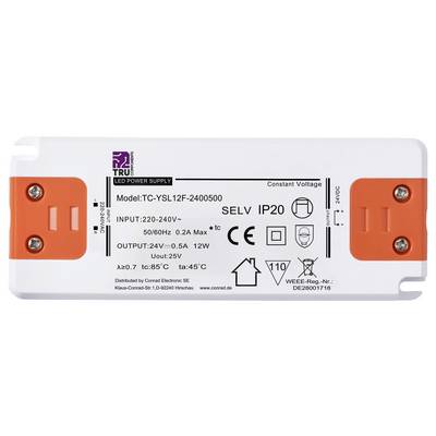 LED Power Supply Housing with model number TC-YSL12F-2400500. Specifications: Input 220-240V, Output 24V, 50/60Hz, 0.5A, IP20.