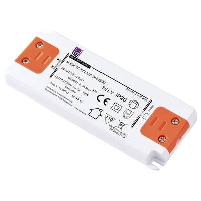 Constant current power supply with orange connectors, model 'TC-YSL12F-2400500'. Input: 220-240V, Output: 24V 0.5A.