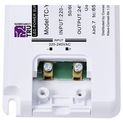 White LED power supply module with connection terminals, Model TC-Y, Input 220-240V, Output 24V, by TRU Components, distributed by Conrad.