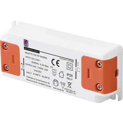 An LED power supply with orange end caps, marked with input 220-240V, output 15W, protection class IP20.
