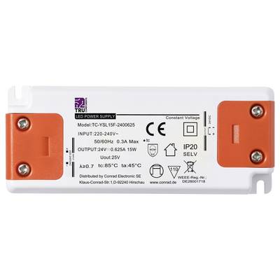 LED transformer by TRU Components, Model: TC-YSL15F-2400652. Input: 220-240V, Output: 24V, 0.625A, 15W. Protection class IP20, SELV.