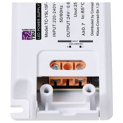 Power supply for LED lighting, Model TC-YSL15F, Input 220-240V, Output 12V, maximum temperature 85°C, suitable for indoor use.