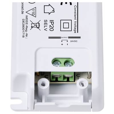 White electrical device with printed markings such as 'IP20', '24VDC', symbols and connection screws, likely a voltage adapter.