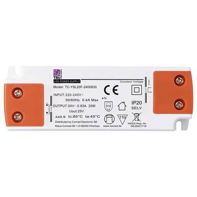 LED Power Supply Unit, Model Number TC-YSL20F-2408030, Input 220-240V, Output 24V/0.83A. Certifications CE, IP20.