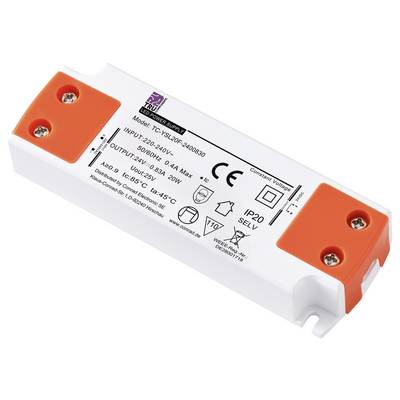 LED driver housing with white and orange surfaces; technical specifications and certification symbols printed.