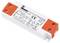 LED driver housing with white and orange surfaces; technical specifications and certification symbols printed.