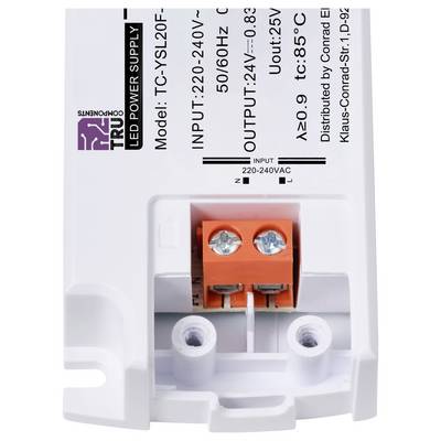 A white LED power supply with orange connection terminals and technical specifications printed on the upper surface.