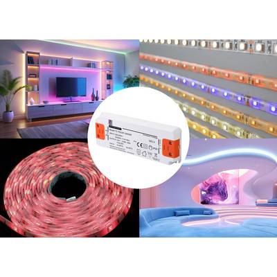 'Collage of LED light strips in living room, close-up of colourful LEDs, LED reel and futuristically lit space.'