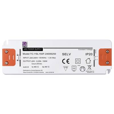 LED power supply for indoor use with constant direct current. Model: TC-YSL150F-24006250, IP20, Input: 220-240V, Output: 24V, 6.25A, 150W.