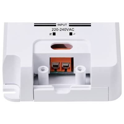 A white electrical connection with the inscription 'INPUT 220-240VAC' and two poles for plug connections.