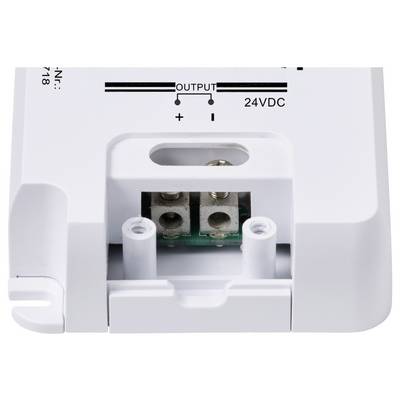 A white electrical device with connections, labelled 'OUTPUT' and '24VDC', shows positive and negative terminals for power supply.