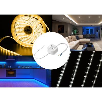 'LED lighting in various applications: warm white LED strips, blue-lit kitchen, modern living room, covered by LED lights. Central light switch for control.'