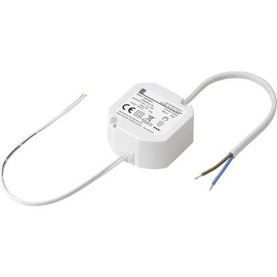 A white electrical transformer with two cables, one black and white and one brown and blue, suitable for low-voltage applications.