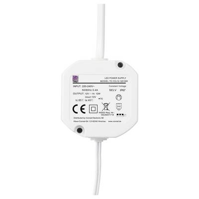 LED Power Supply, Model TC-12, Input 220-240V, Output 12V, 12W. Protection Class IP67, Ambient Temperature -40 to 85°C.