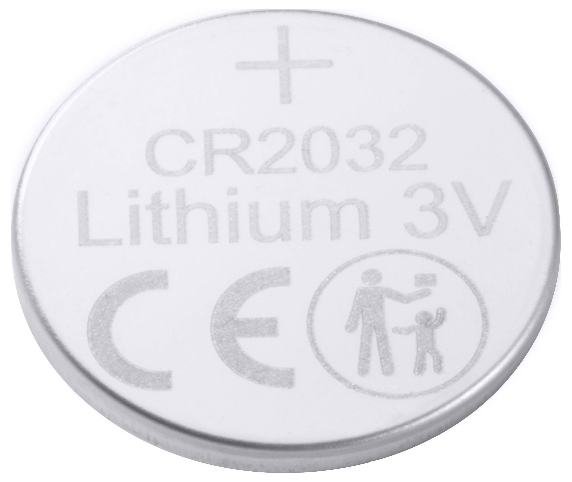 Lithium button cell with inscription 'CR2032, Lithium 3V', alongside CE certification symbols and child safety warning.