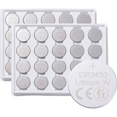 Two trays each containing 20 CR2450 lithium 3V coin batteries, with one battery shown separately displaying its label details.