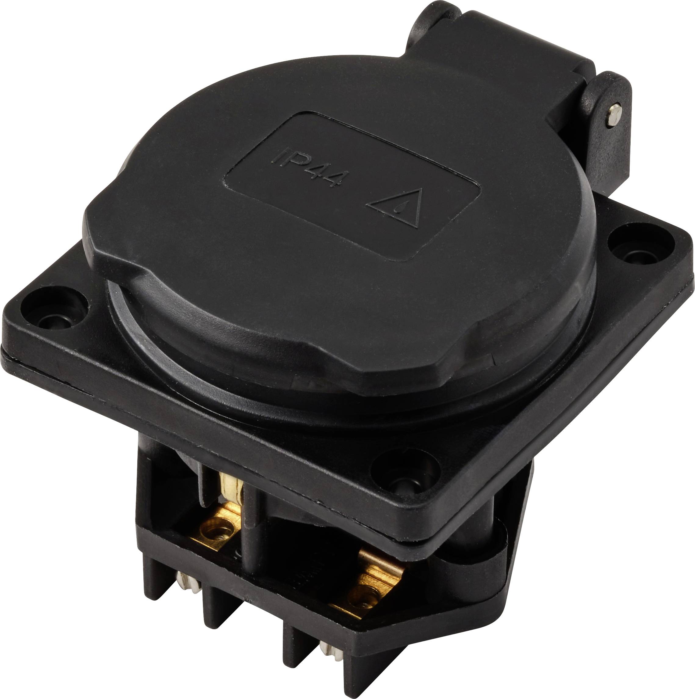 A black earthed socket with 'IP44' marking, suitable for use in damp environments.