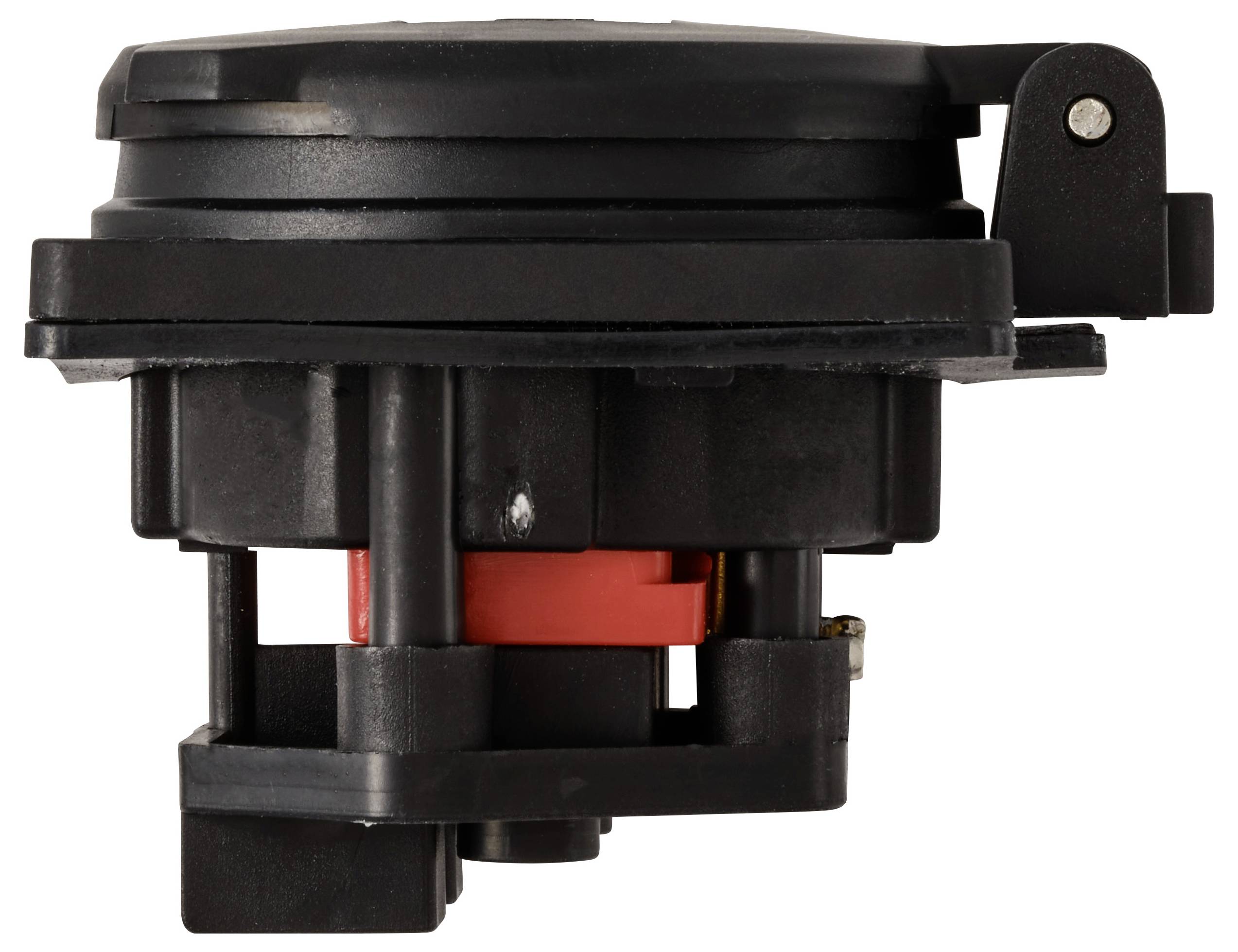 Black mechanical component with a cylindrical shape, visible screws, and red accents, potentially part of a larger device.