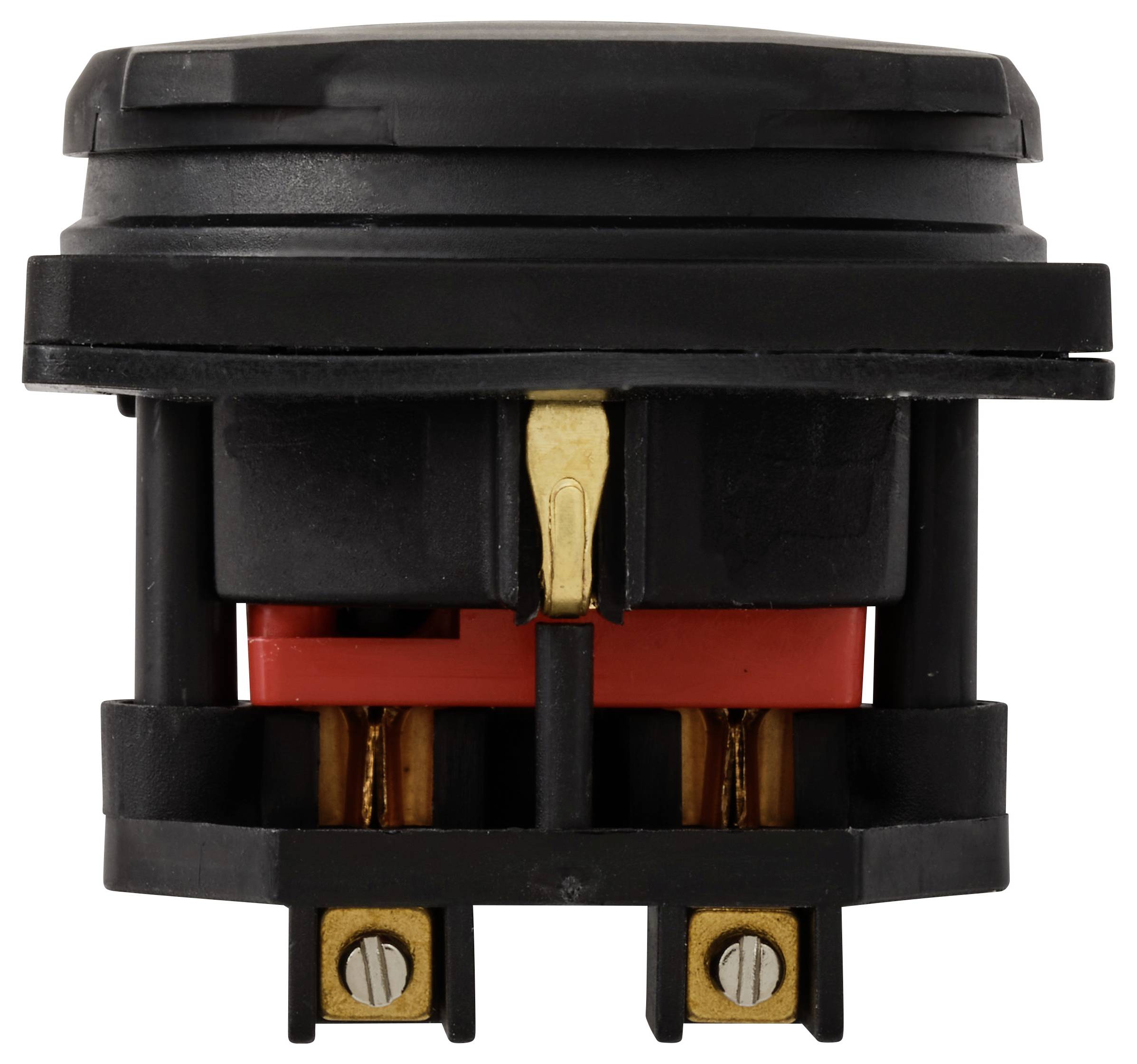 A round, black rocker switch with a red insert and side mounting clips, suitable for electrical applications.