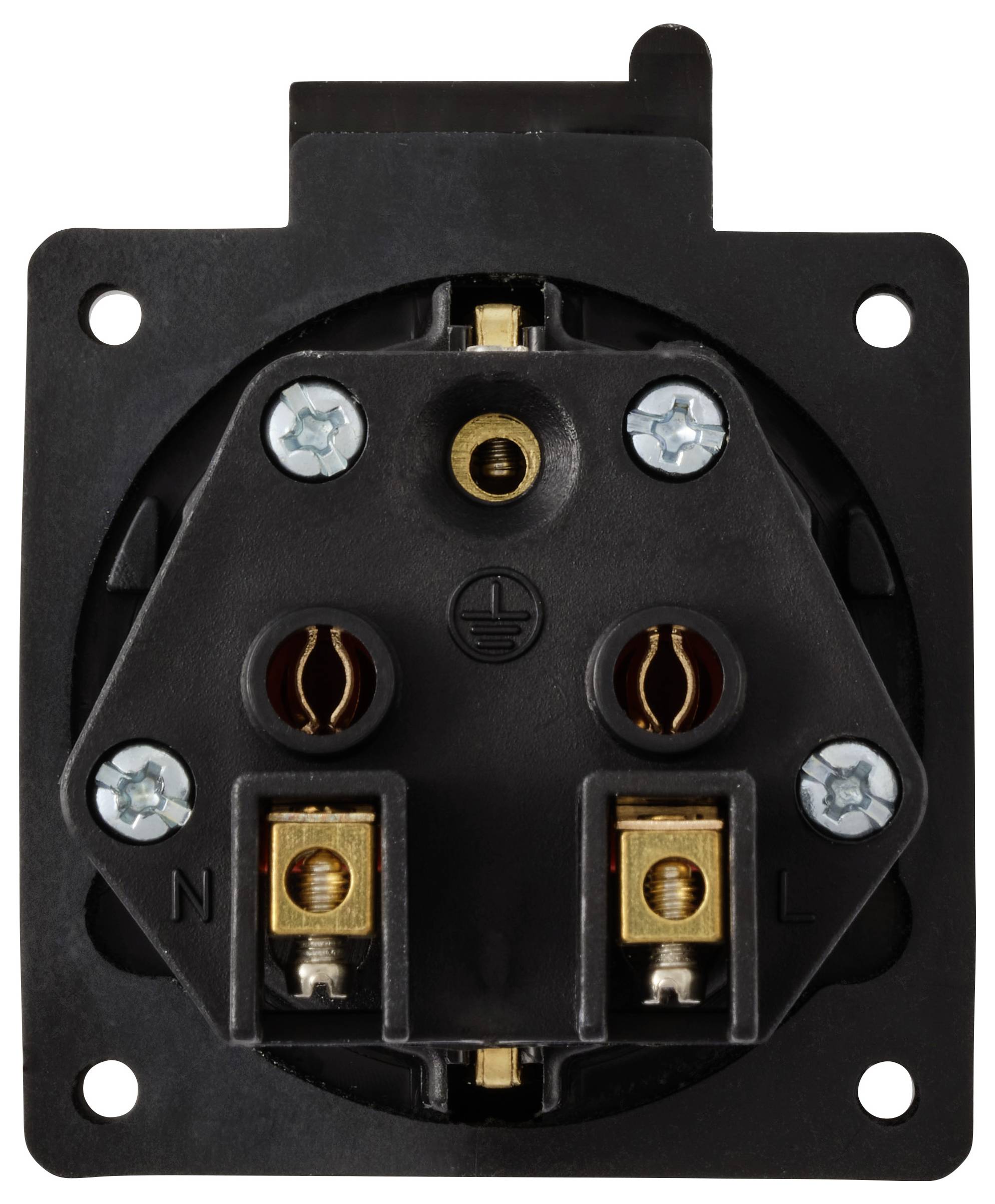 A double socket outlet with two connections and an earth connection, suitable for fixed electrical installations.