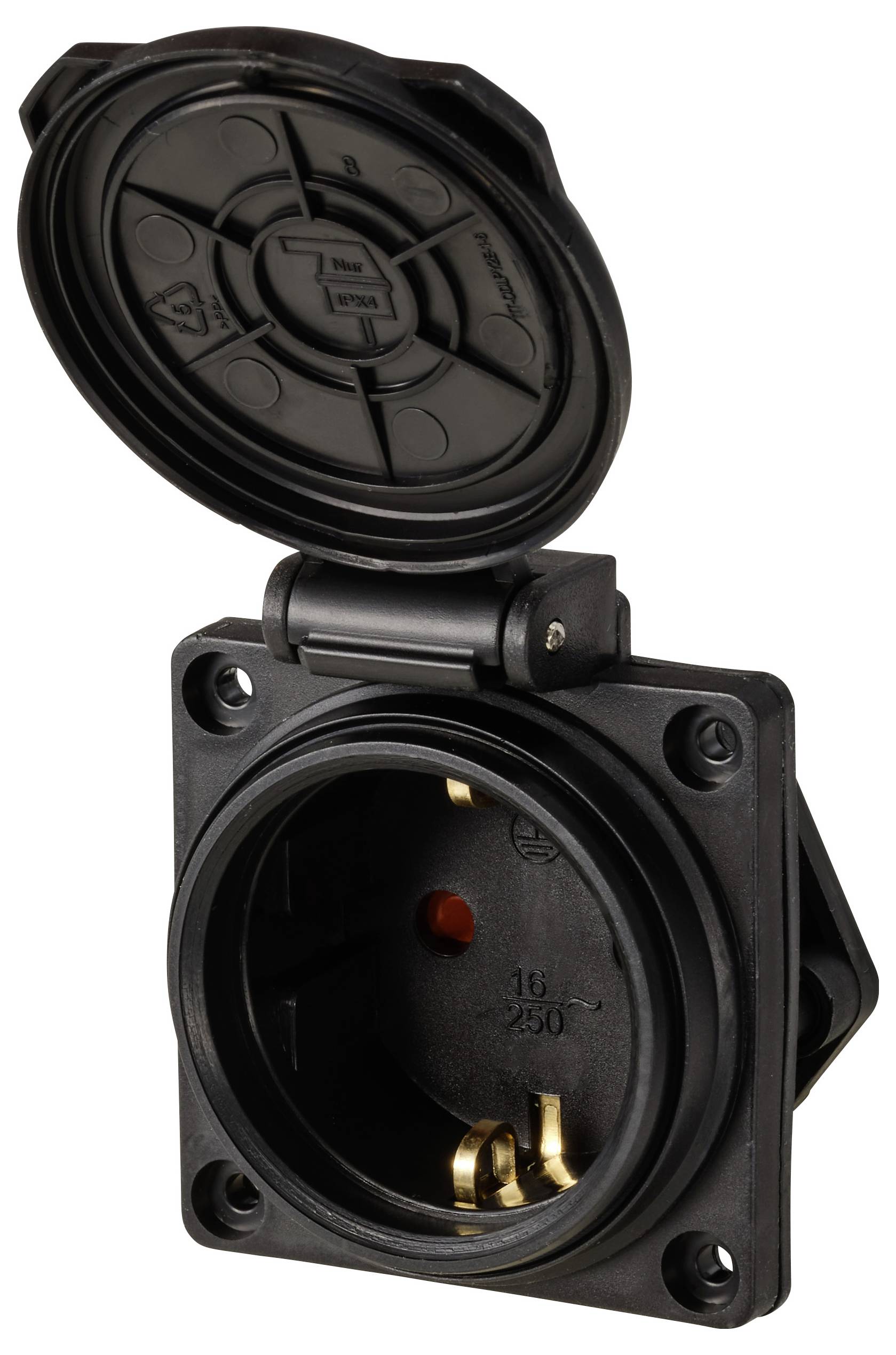 Open black socket with protective cover, suitable for 16 amperes and 250 volts.