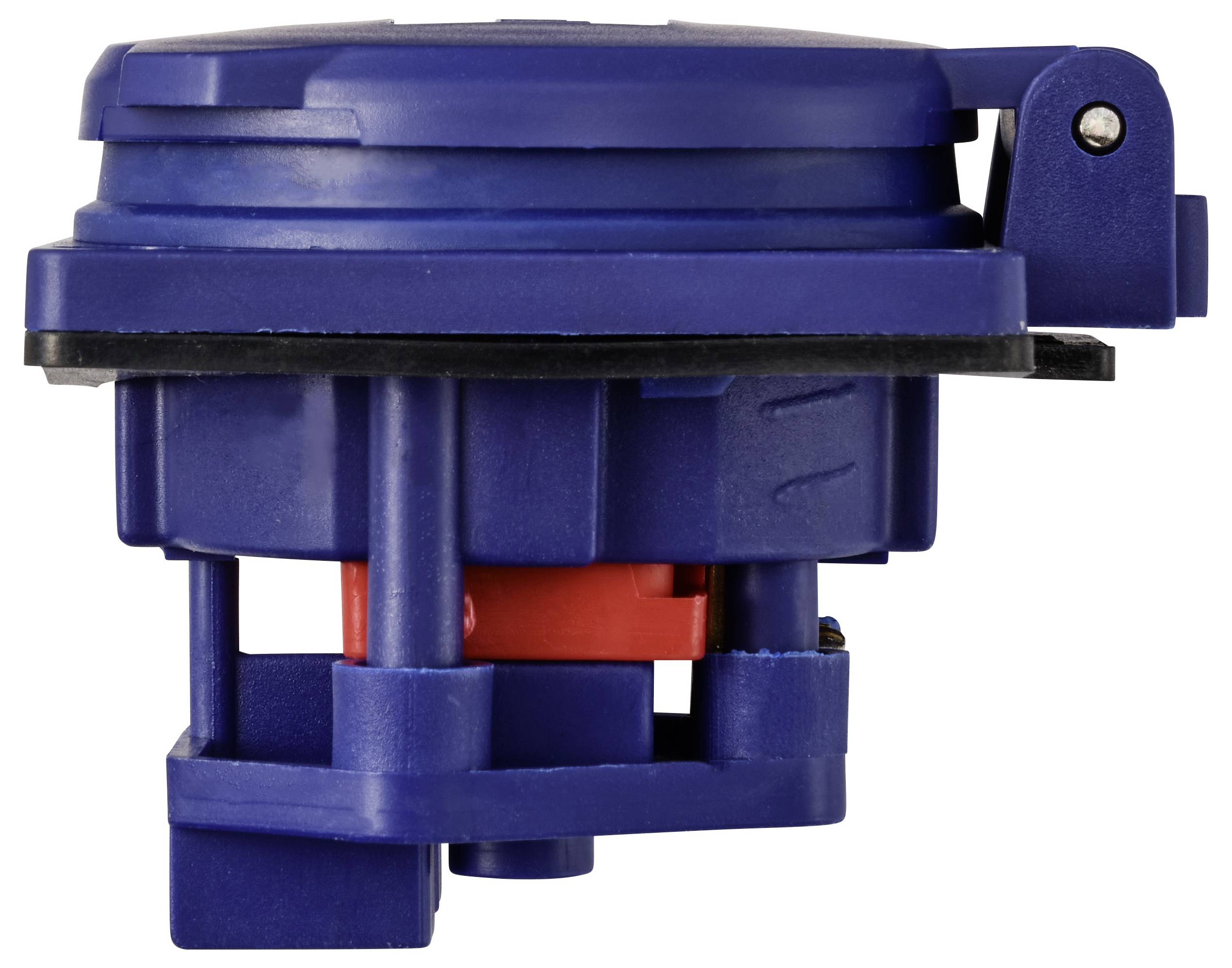 Blue plastic component with a rounded lid and a lever mechanism on the side, potentially an industrial valve.