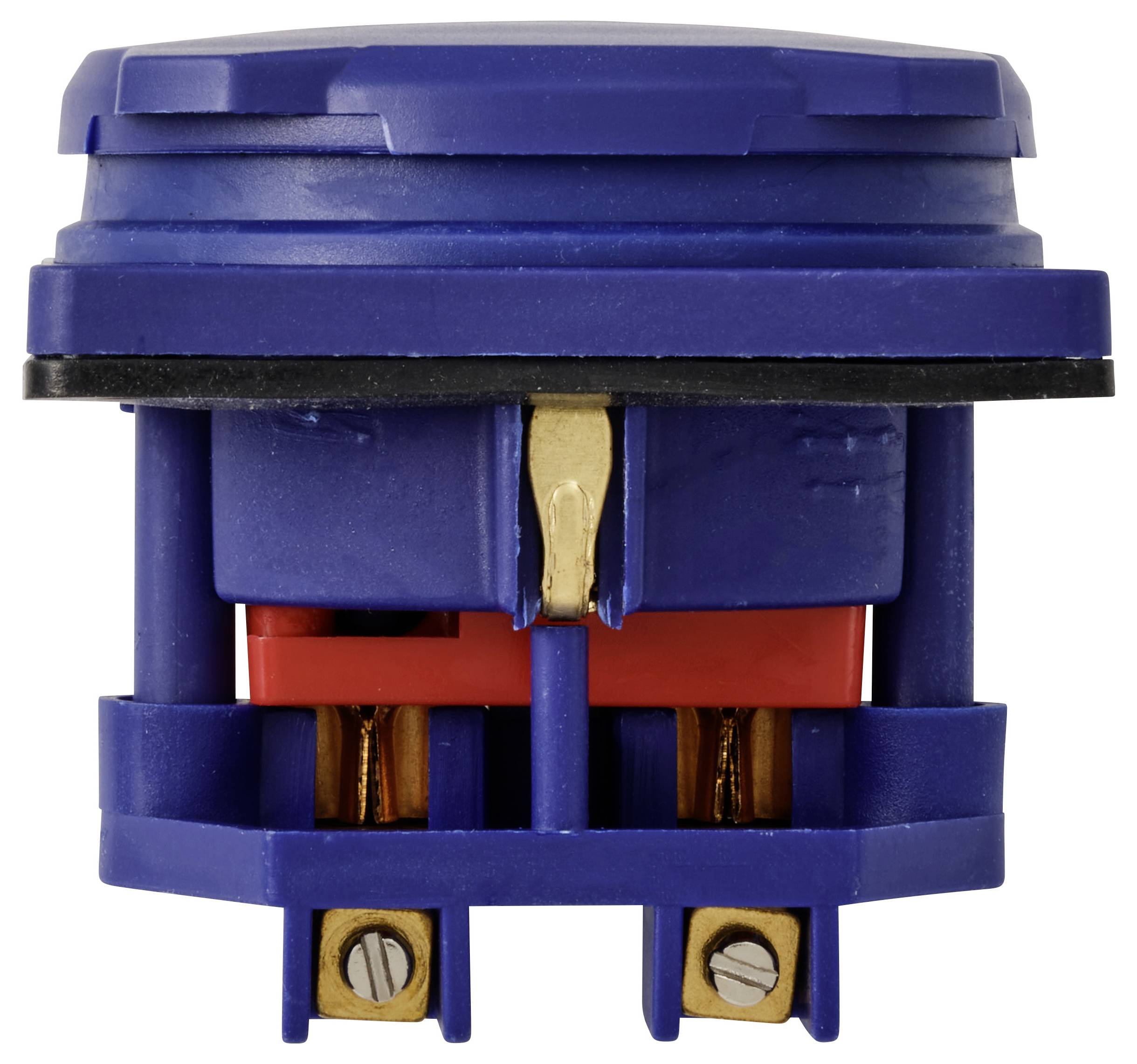 A blue, round push button switch with red and golden components, shown from the side, for electrical control.