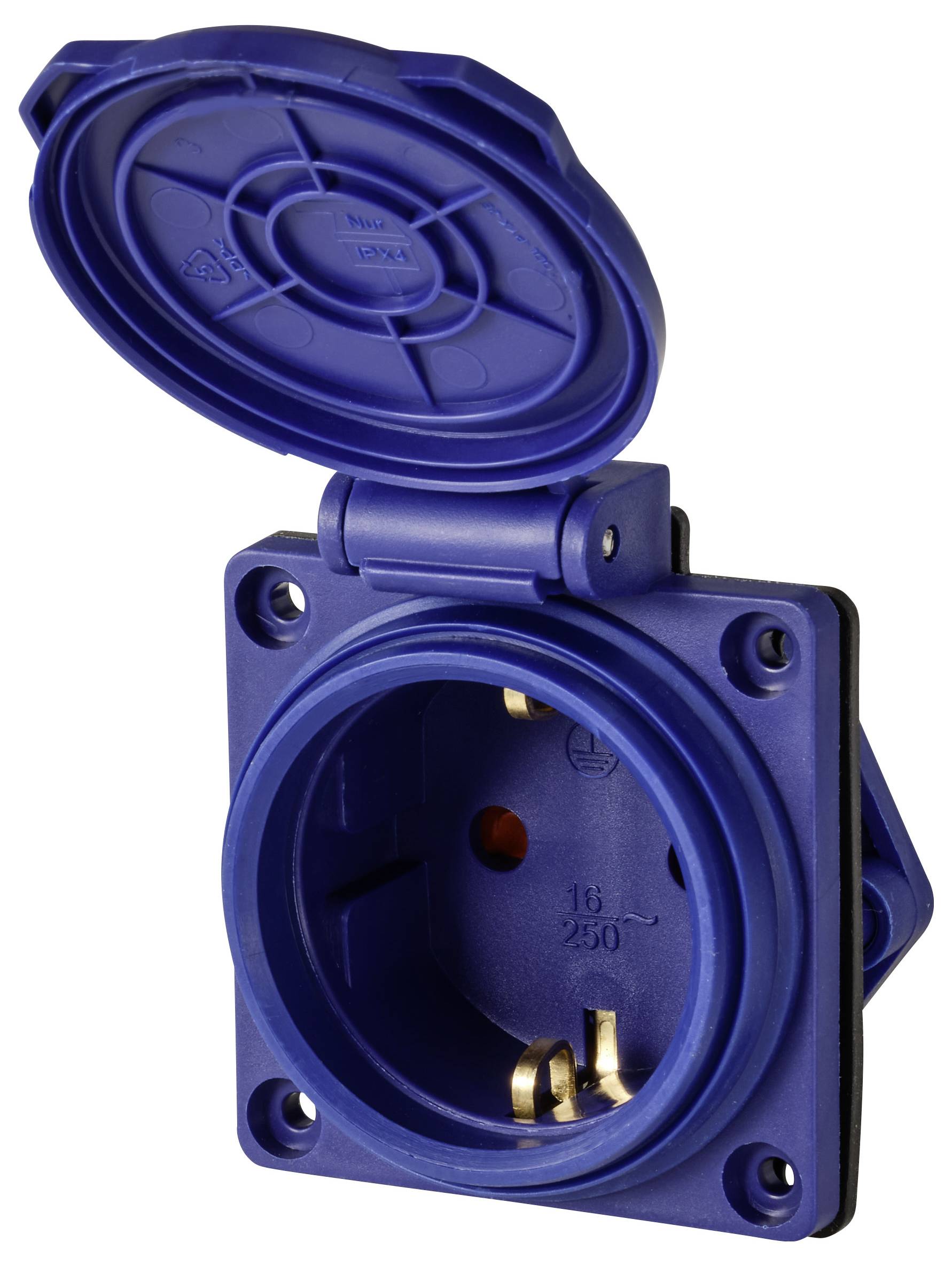 A blue, square socket with an open flap, revealing the internal connection area, suitable for industrial applications.