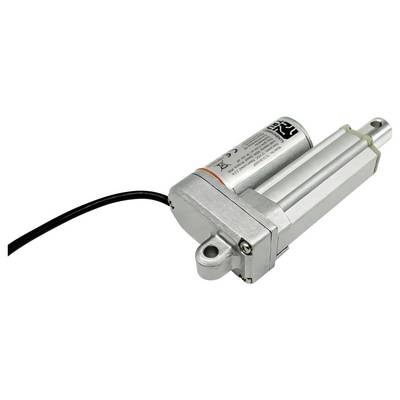 Silver linear actuator with attached black cable, shown isolated on a white background.