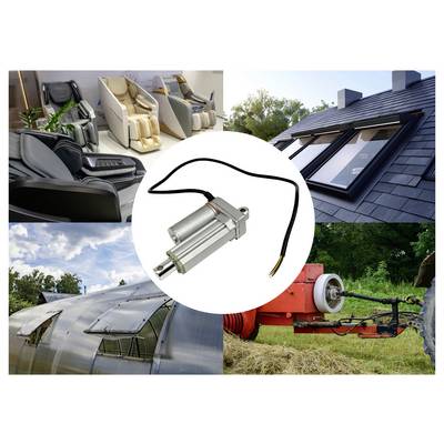Electric linear actuator centered in a collage showing adjustable seats, roof skylights, greenhouse vent, and farm machinery applications.