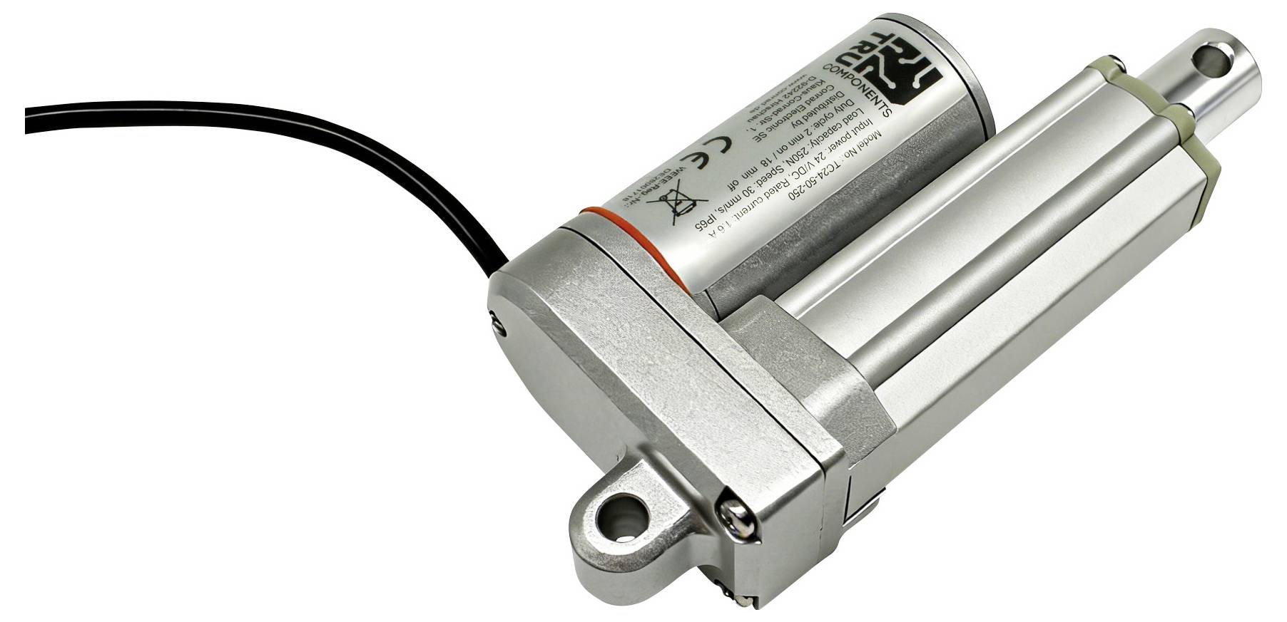 Electric linear actuator with attached power cable and mounting brackets, shown on a white background.