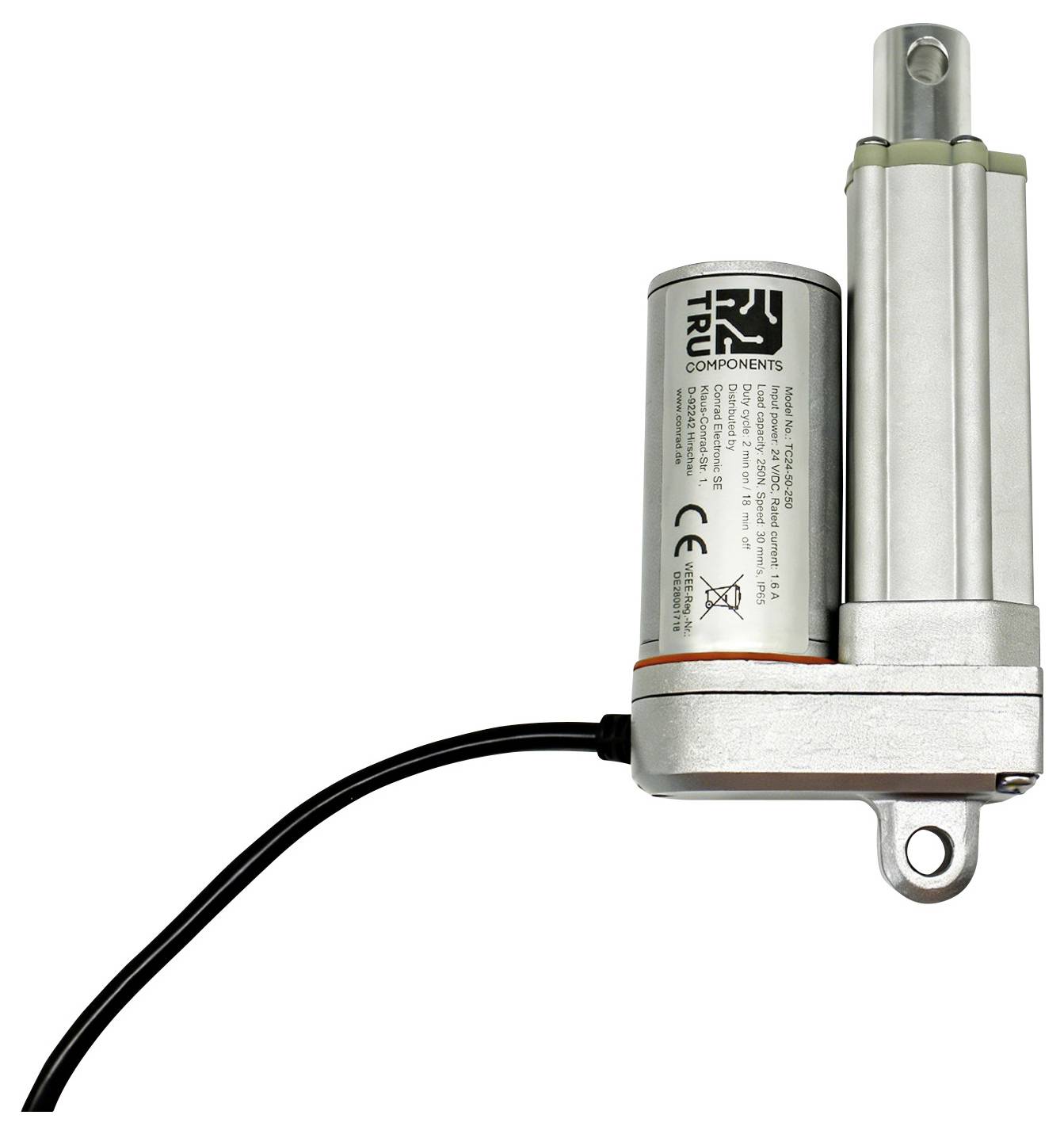 Silver electric linear actuator with attached black cable and mounting brackets on a white background.