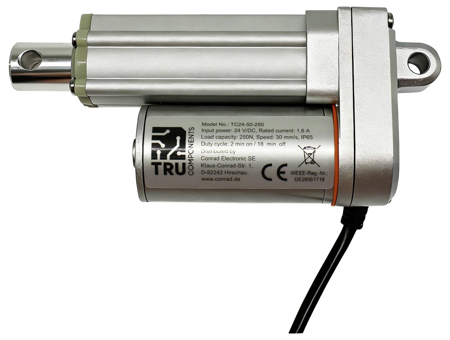 Electric linear actuator with metal housing, mounting holes, and attached power cable, shown on a white background.