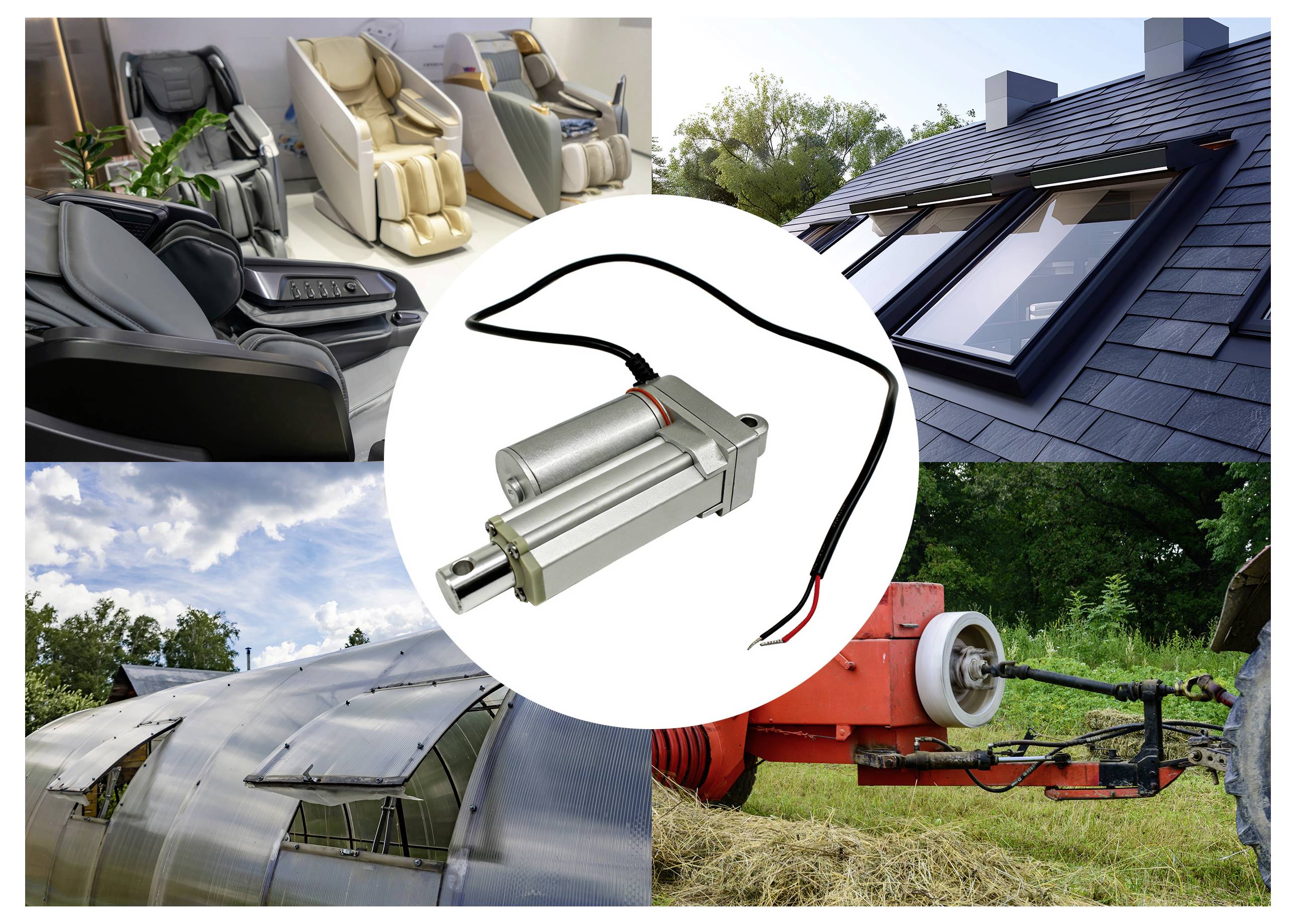 Electric linear actuator centered in a collage showing uses in recliner chairs, roof windows, greenhouse vents, and farm machinery.