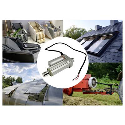 Electric linear actuator centered in a collage showing uses in recliner chairs, roof windows, greenhouse vents, and farm machinery.