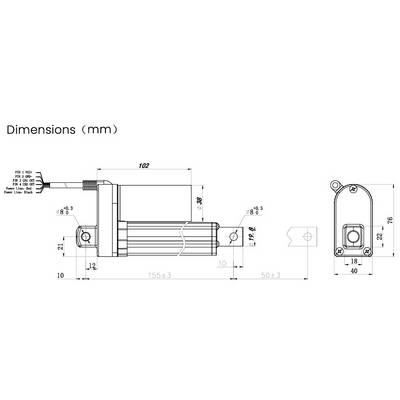 Technical drawing of an electric motor with dimensions in millimetres. Detailed measurements and connection details are shown.