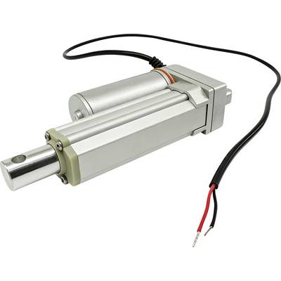 Silver electric linear actuator with extending rod and red/black power leads on a white background.