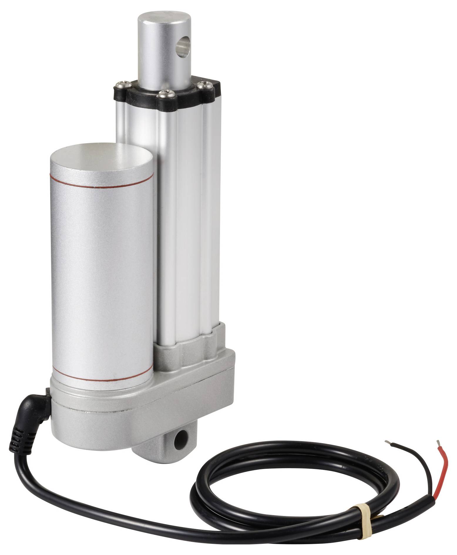 A silver linear actuator with an attached cable, used for motorised movements in machines or devices.