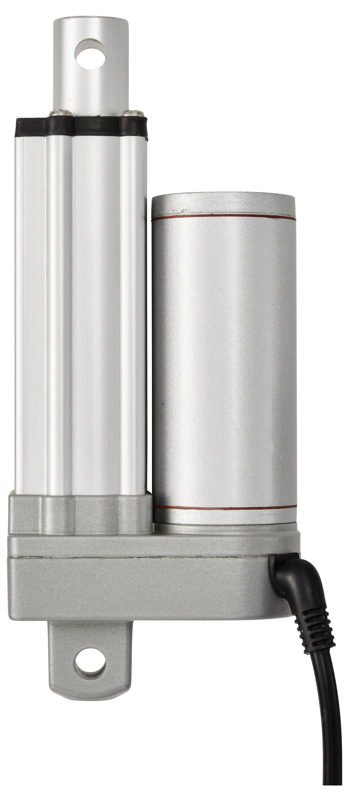 An electrical actuator with a silver housing, a cylindrical motor, and a connecting cable, primarily used for motion control.