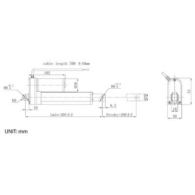 Technical side-view drawing of a small linear actuator with dimensions in millimeters, including cable length 700±10 mm, stroke 100±2 mm, and overall length Lmin 205±2 mm.