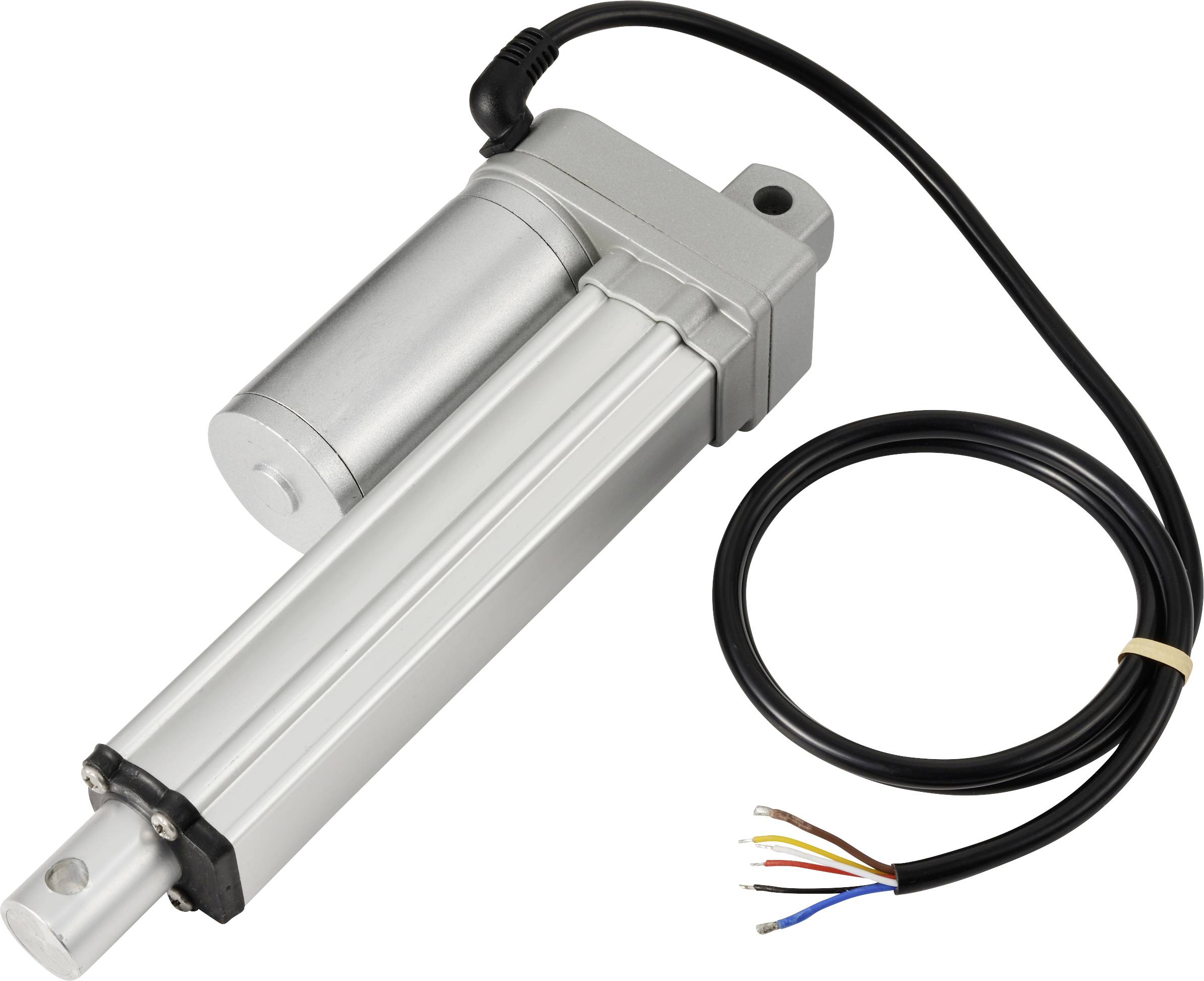 A metal electric linear actuator with cable connection and exposed wires, used for mechanical movement.