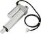 A metal electric linear actuator with cable connection and exposed wires, used for mechanical movement.