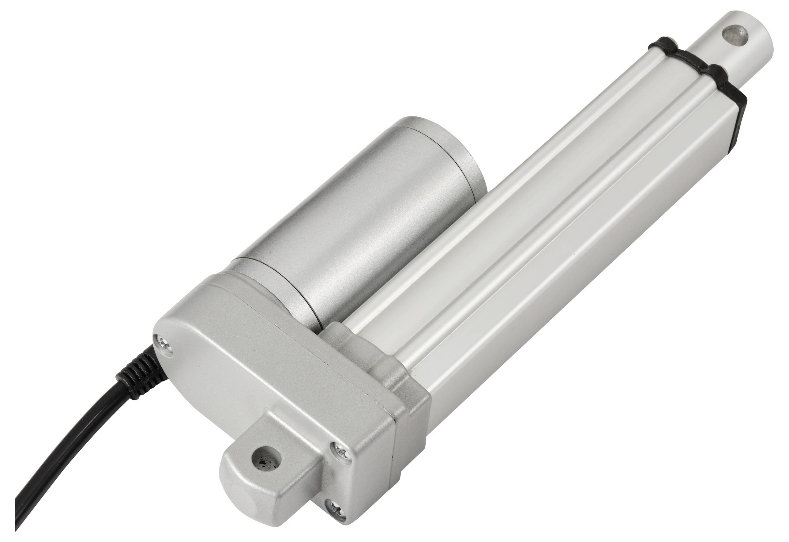 An electrical linear actuator with an aluminium housing and black cable, frequently used for precise motion control in machinery.