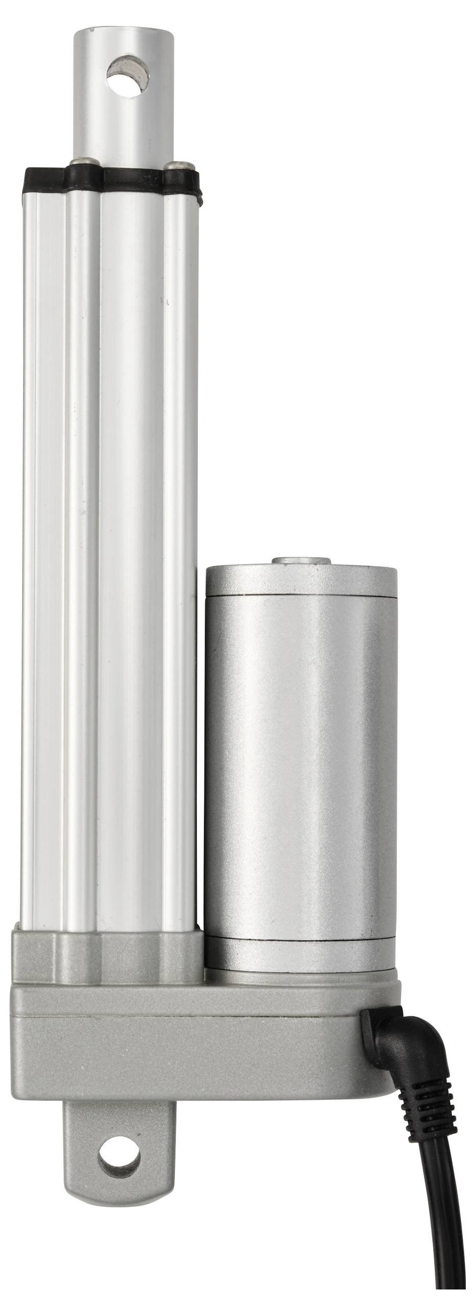 Linear actuator with a cylindrical metal housing, cable connection at the bottom. Primarily used for mechanical motion control.