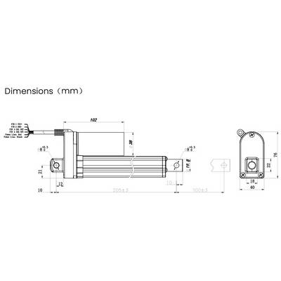Technical drawing of an electric actuator with precise dimensions in millimetres, showing length, height and connections.