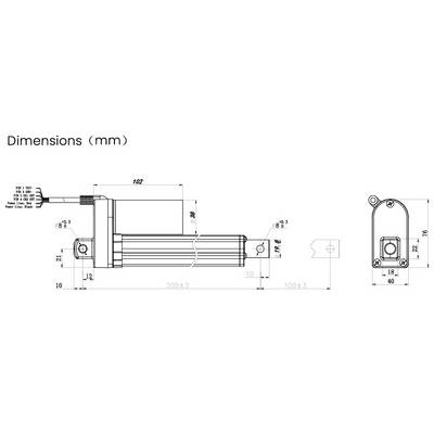 Dimensional drawing of a mechanical component with labelling in millimetres. Shows the length, width, and height of the component.