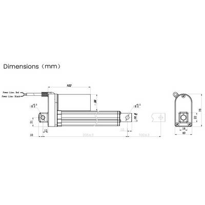 'Diagram of a mechanical actuator with detailed dimensions in millimetres. Shows length, height and electrical connection.'