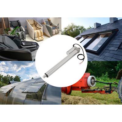 'Collage featuring massage chairs, solar panels, greenhouse and tractor with hay, with a linear actuator in the centre.'